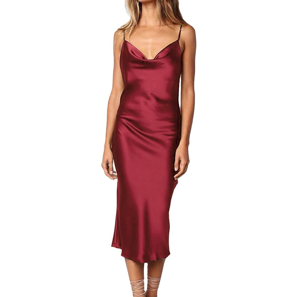 Sleeveless Spaghetti Strap Satin Midi Dress Cocktail Beach Evening Cowl Neck
